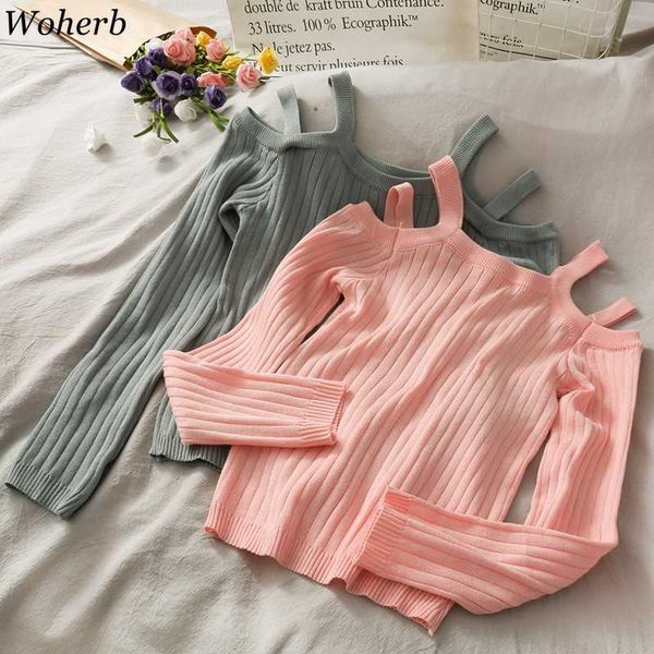 

woherb knitted sweater for women 2020 autumn female off shoulde thin slim sweet elegant office lady casual all match jumper, White;black