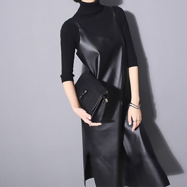 

septhydrogen brand designer new spring summer strapless sleeveless black pu leather loose brief dress women fashion tide all-match, Black;gray