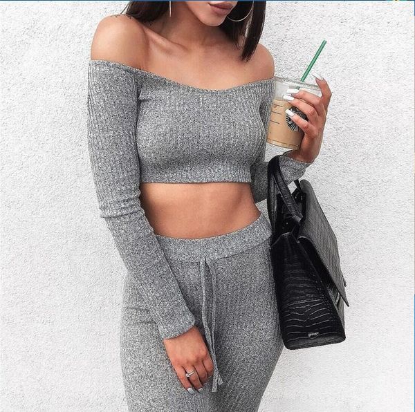 

fashion women pant sets slash neck crop skinny pants 2 piece sets tracksuits jogger pants, White