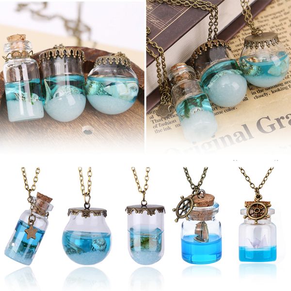 

wish bottle necklaces ocean sea glass bottle pendant chain vintage mermaid tears shells star vial necklace for women girls, Silver