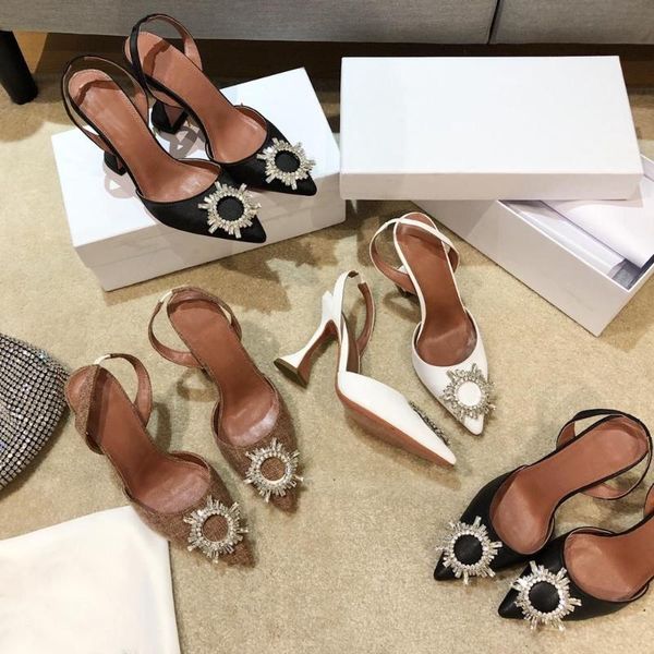 

sandals woman crsytal buckle pumps shoes pointed toe high heels slingbacks mujer bombas designer, Black