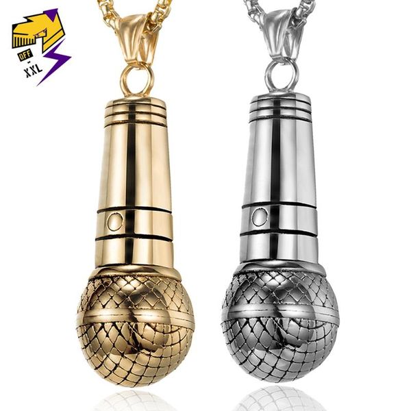 

hiphop stainless steel gold microphone pendant necklaces long chains rock roll band dj music festival necklace men women jewelry, Silver