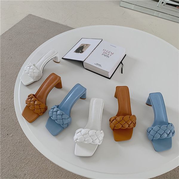 

fashion women slides open toe weave design slippers ladies pumps thick high heels slippers slides party wedding shoes size 35-39, Black