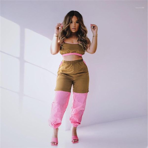 

two piece pants designer spaghetti strap bra suit active casual panelled womens clothing female contrast color, White