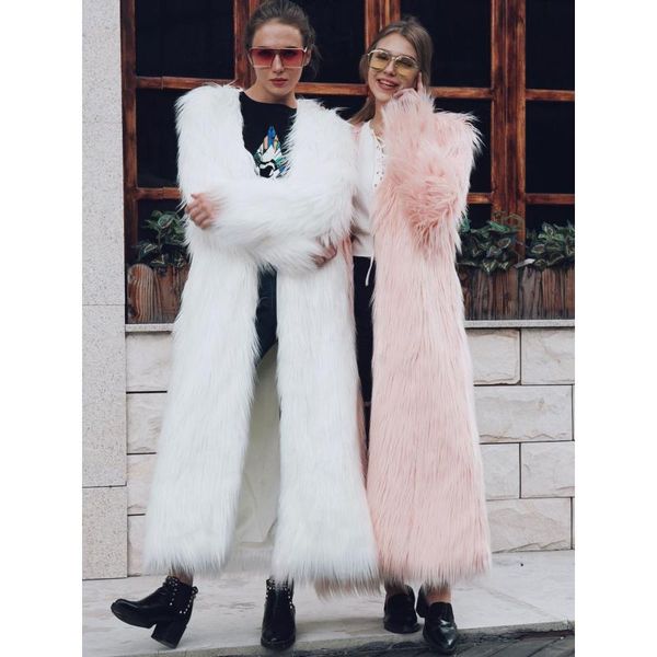 

winter women's faux fur coat long warm soft female overcoat outwear long sleeve high street c61, Black