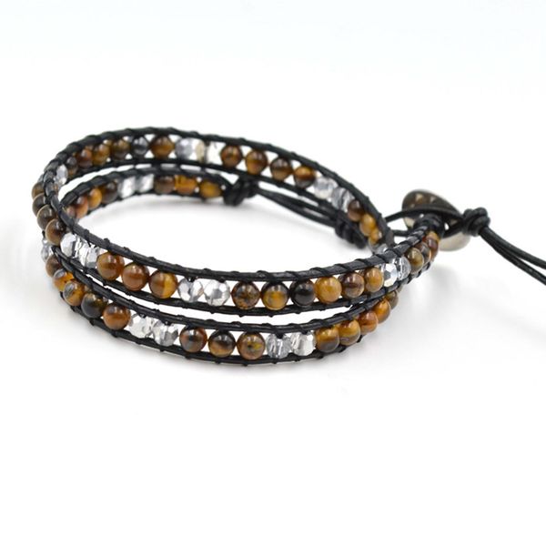 

fashion jewelry tiger eye wrap bracelets for women men match faceted crystal genuine leather braided rope bracelet accessories, Black