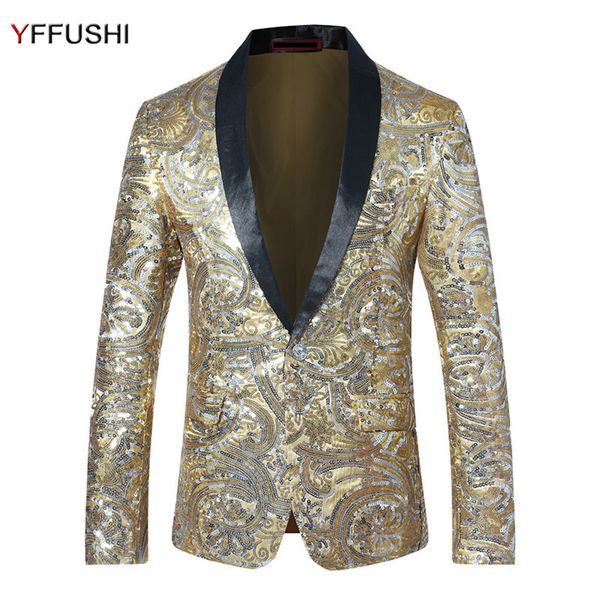 

yffushi 2017 new fashion men suit jacket gold pink sequins blazer luxry shawl lapel party stage perform dress slim fit, White;black
