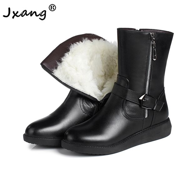 

jxang 2020 black mid calf boots women platform winter genuine leather all cowhide snow boots heel luxury wool female