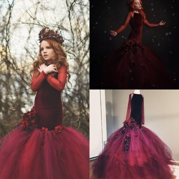

burgundy velvet flower girl dresses long sleeves kids mermaid pageant gowns lace applique communion dress, Red;yellow