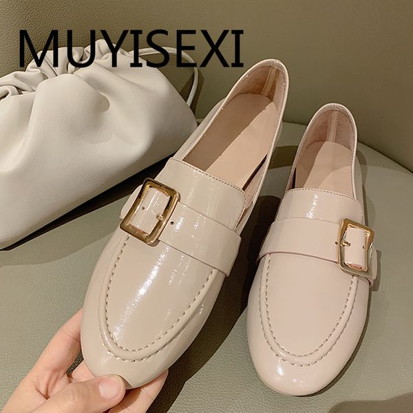 

flat loafers brand shoes women genuine leather round toe with buckle slip on casual driving spring shoes jd11 muyisexi, Black