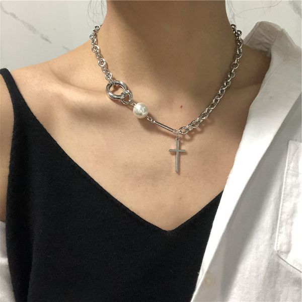 

stylish temperament pearl cross necklace clavicle chain choker necklace, Silver