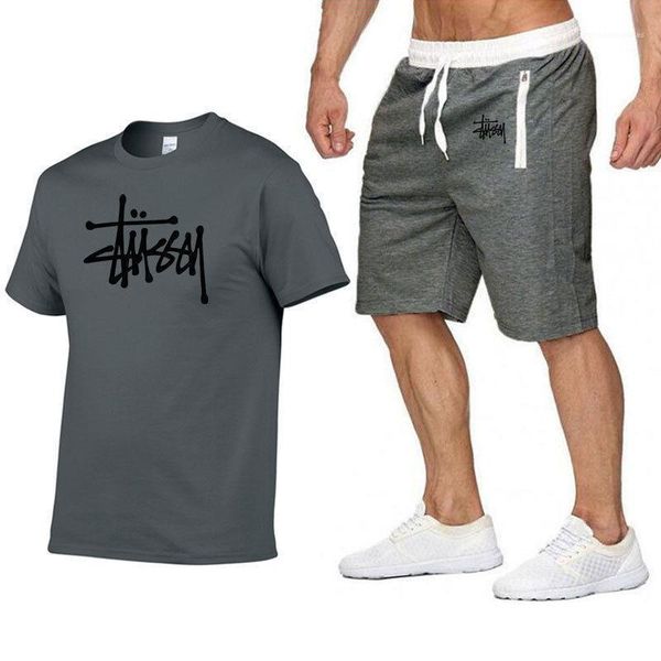 

short sleeve crew neck mens letter print sports sets tshirt short sets mens 2pcs tracksuits, Gray