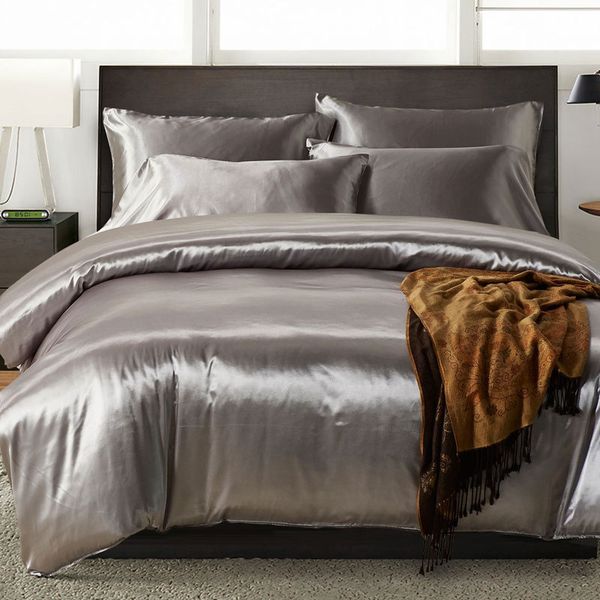 

gray silk 3pcs bed sheet sets fitted flat sheets twin double queen king bedding sets teenager kids boys girls quilt cover bed pillowcases