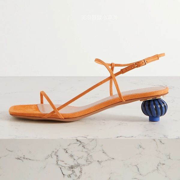 

strange style pumpkin high heel sandals women suede square toe narrow band ankle strap sandalias summer party vacation shoes, Black