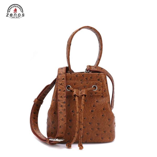 

zenos 2020 ostrich emboss pu leather bucket with drawstring women bags cute pink customize shoulder bags mini fashion lady