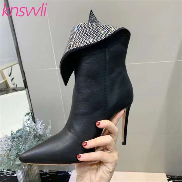 

sexy высокий каблук ботильоны для женщин обувь острым носом марка rhinestone fold замша короткие сапоги женщина кристалл партии обувь, Black