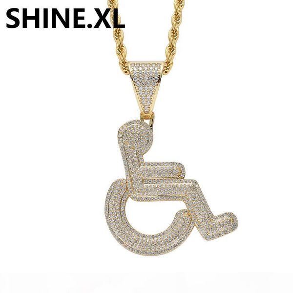 

18k gold iced out wheelchair pendant necklace brass material gold silver plated mens hip hop jewelry gift