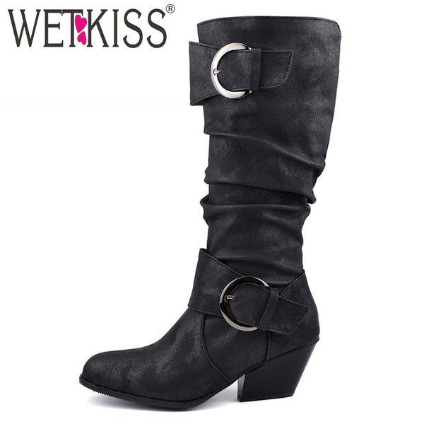 

wetkiss western boots women pu distressed boot female round toe high heels cuban shoes ladies buckle shoes winter big size 34-48, Black
