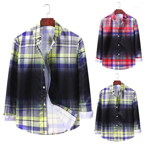 

mens designer shirt casual long sleeve lapel neck slim thin shirt teenager autumn clothing gradient plaid, White;black