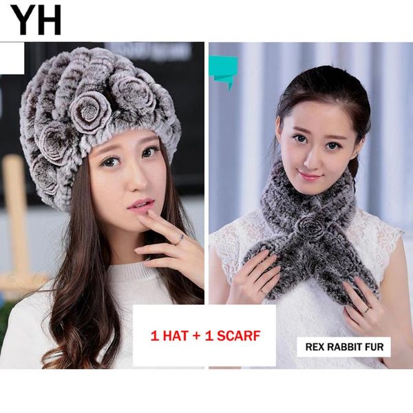 

women genuine real rex fur hat with rex fur scarf new knitted 2 pieces real cap and scarf, Blue;gray