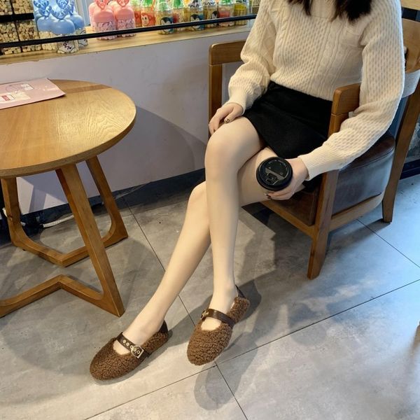 

belt metal buckle furry shoes woman plush warm comfy flats brief solid round toe loafers shallow casual soft moccasins y18-13, Black