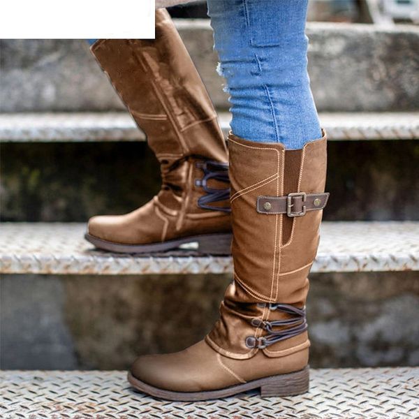 

women knee high boots vintage pu leather autumn winter women shoes buckle strap long boots gladiator knight riding warm shoes, Black