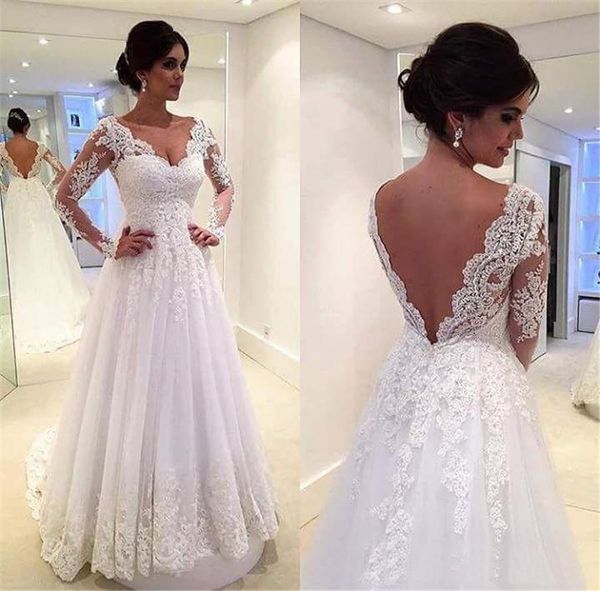 

elegant v neck wedding dress new arrival a line with long sleeves lace bridal gown custom made robe de mariee, White