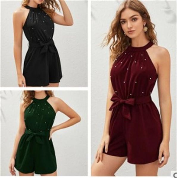 

one piece rompers with sashes fashion casual womens new halter jumpsuits pure color beads shorts jumpsuits loose, Black;white