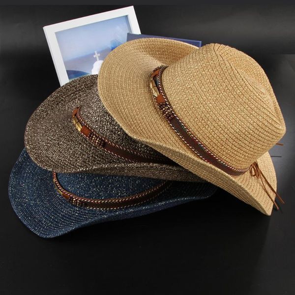 

men women sun hat fashion summer beach travel wide brim woven western straw cowboy hat with ribbon bowknot, Blue;gray