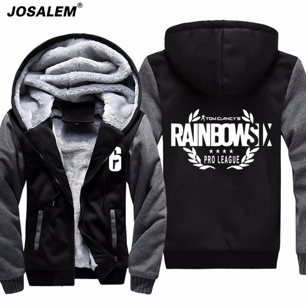 

josalem men's winter rainbow six siege fleece hoodie high-quality autumn casual super warm thicken fleece zip up sweatshirt coat, Black