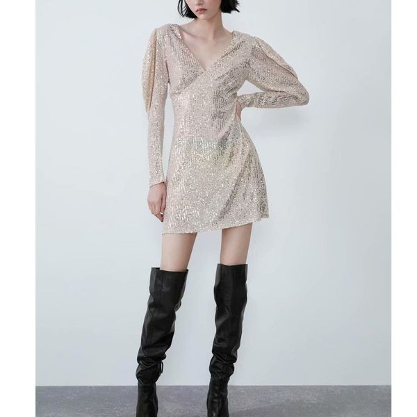

casual dresses women's party dress shiny zaing 2021 v neck a line long sleeve sequins bling prom gowns female vestidos, Black;gray