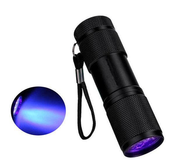 Portable Outdoor 9 LED in alluminio Mini portatile UV Ultra Violet Blacklight Torch Light Lega di alluminio torcia torcia lampada 4 colori DHL
