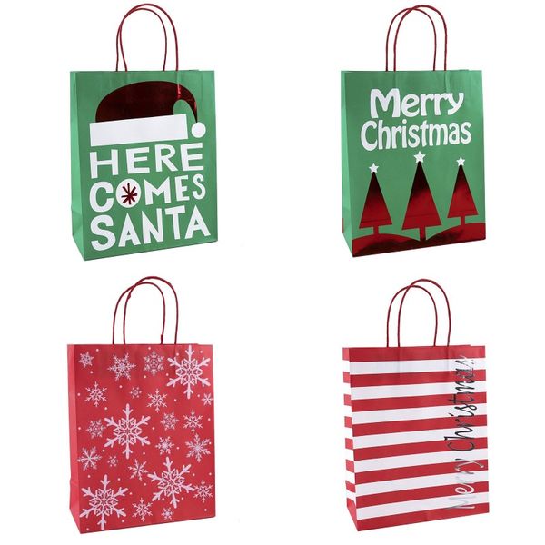 Weihnachtsgeschenktüten „Here Comes Santa“, Kraftpapiertüte mit Griff, Aufbewahrungstasche für „Merry Christmas“-Geschenke