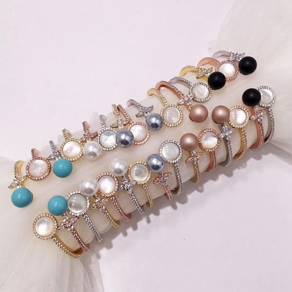 

popular accessories copper inlaid diamond natural freshwater pearl open bracelet for ladies valentine's day gift, Black
