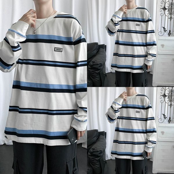 

2020 осень черных и футболка свитера белых полосатые с длинными рукавами футболки мужчин рыхлого пара вокруг шеи свитера мужской моды 3j22y, Black