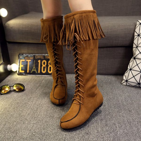 

boots solid low flat with fashion long for women zip casual over-the-knee autumn winter round toe pu fringe concise shoes, Black