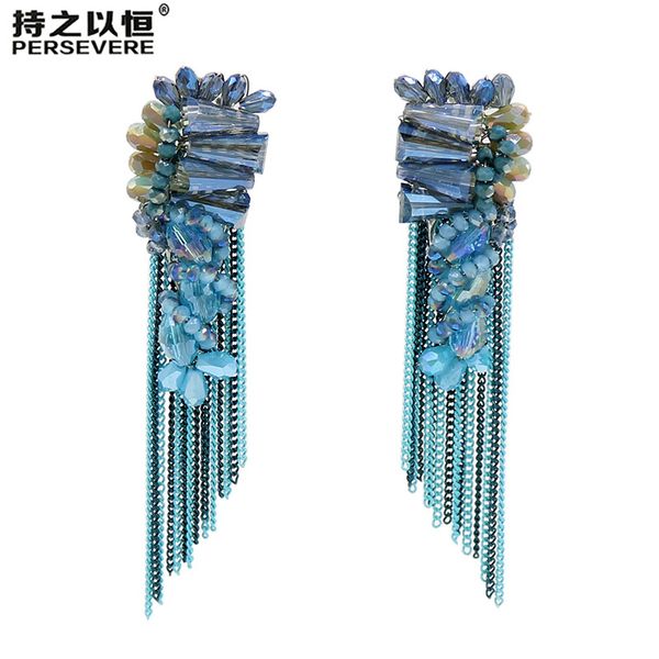 

2 colors crystal boho tassel earrings long chain dangle earrings for women handmade bohemian fringe korean jewelry, Silver