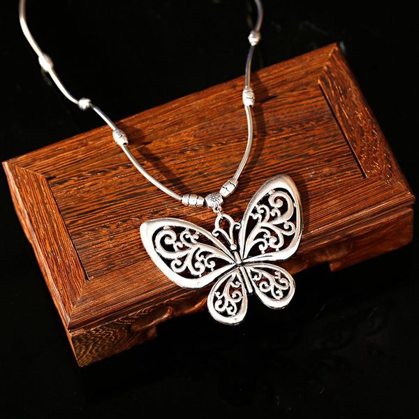 

boho tibetan silver plated carved butterfly necklaces for women vintage ethnic hollow necklace bijouterie femme
