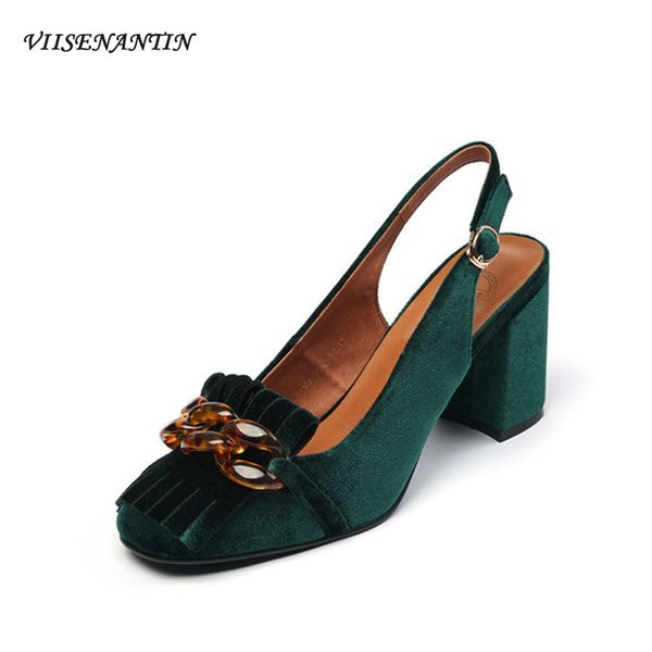 

retro green plastic chain sandals fairy style new summer velvet tassels buckle thick heel french word with high heels women, Black