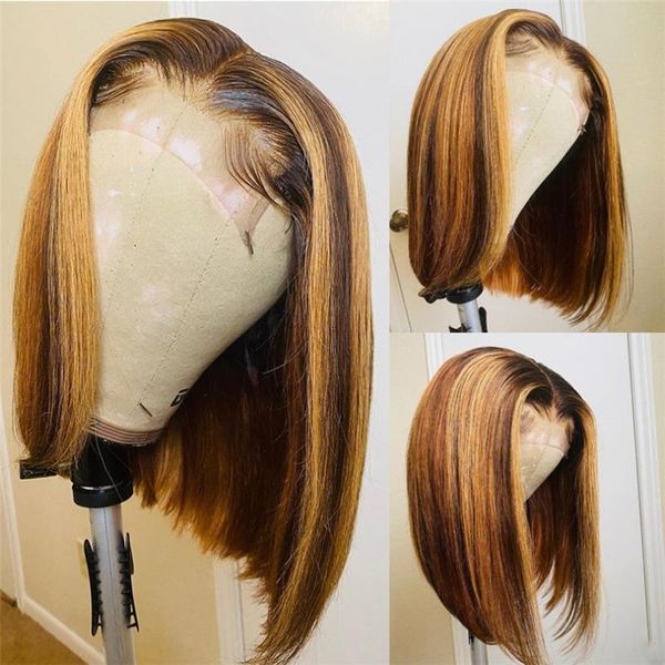 

highlight color lace front human hair wig 5*5 pu silk wig brazilian human hair blonde short bob glueless lace wigs, Black;brown