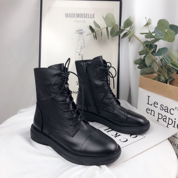 

boots layer cowhide # 310-5 zipper flat round head side with soft bottom leather women casual shoes european short, Black