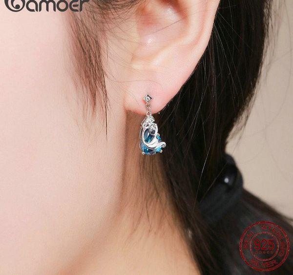 

bamoer romantic 925 sterling silver mermaids missing legend blue crystal drop earrings for women sterling silver jewelry sce377002, Golden;silver