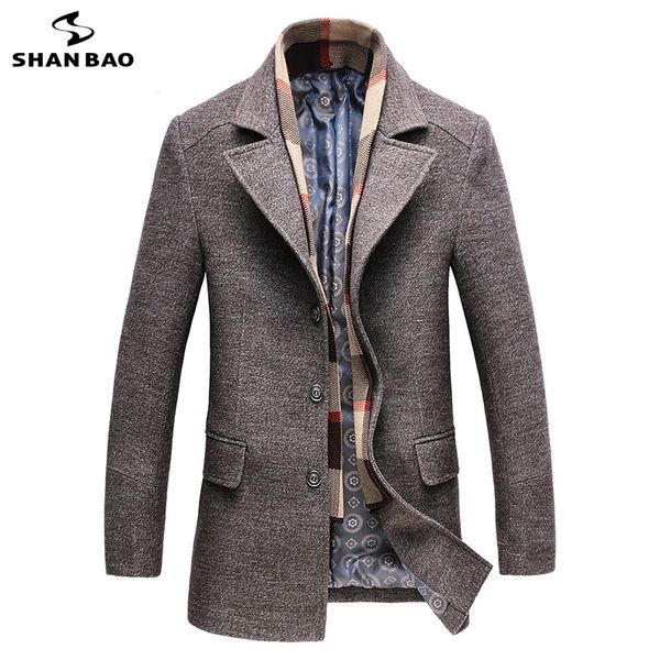 

shanbao brand men's wool coat 2020 winter luxury thick warm business gentleman casual lapel comfortable wool coat, Black