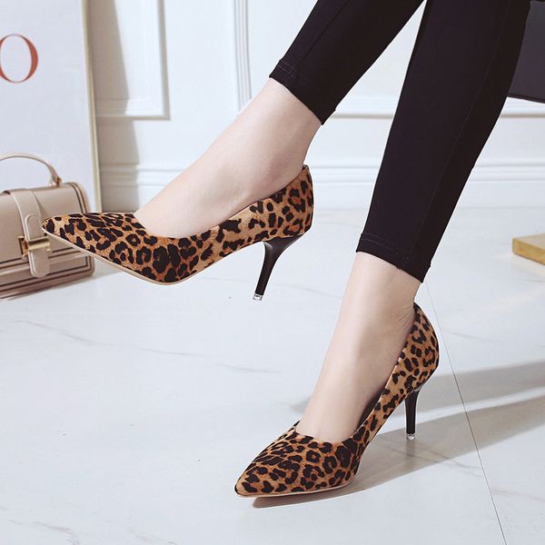 

2020 pointed toe ladies pumps leopard women slip on high heels elegant women's solid thin heels plus size shoes woman, Black