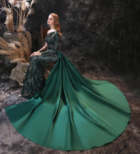 

one shoulder prom dresses sequins applique stock satintrain party gowns sweep green train evening dress, Black