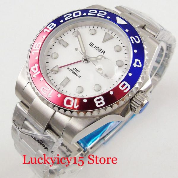 

bliger business mental 40mm men's watch automatic movement gmt function white dial alloy bezel sapphire glass, Slivery;brown