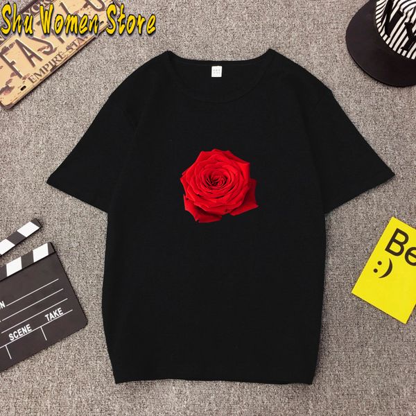 

new fashion bright red rose print female t shirt harajuku t-shirts women 2020 new summer short sleeve casual clothing punk tee t, White