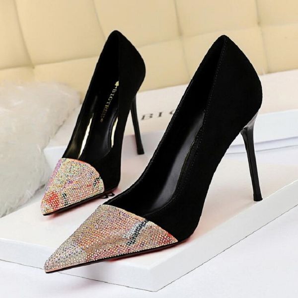 

european america style slim thin high heels shallow pointed toe mixed colors crystal flock women pumps shoes 20200807, Black