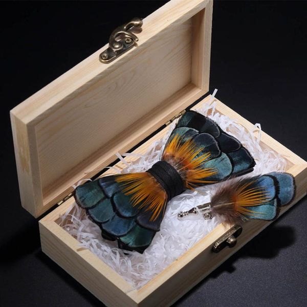 

ricnais fashion exquisite handmade original feather bow tie brooch set green groom wedding luxury bowtie with box accessories, Blue;purple