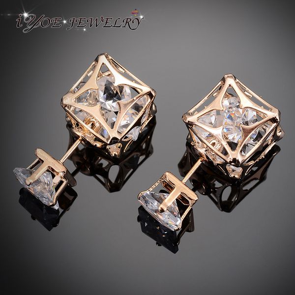 

stud iyoe hollow ball double face earrings for women 7mm square cut cz crystal gold color jewelry, Golden;silver